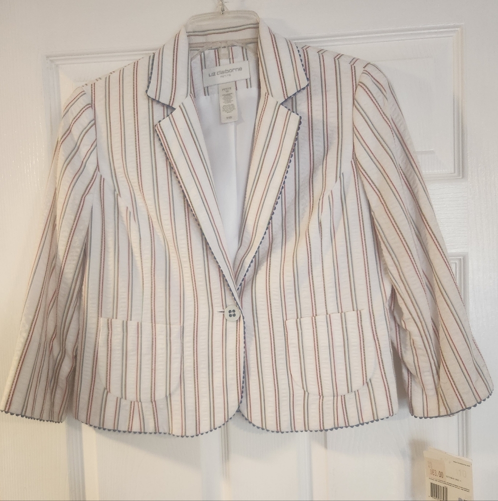 Liz Claiborne White Blazer w/stripes Petite 10